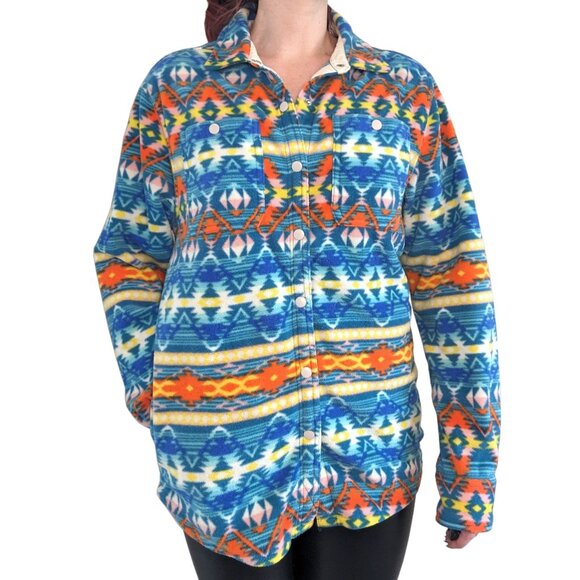 RF Brand Aztec Pattern Teal Fleece Jacket Oversized | S - Picture 1 of 10